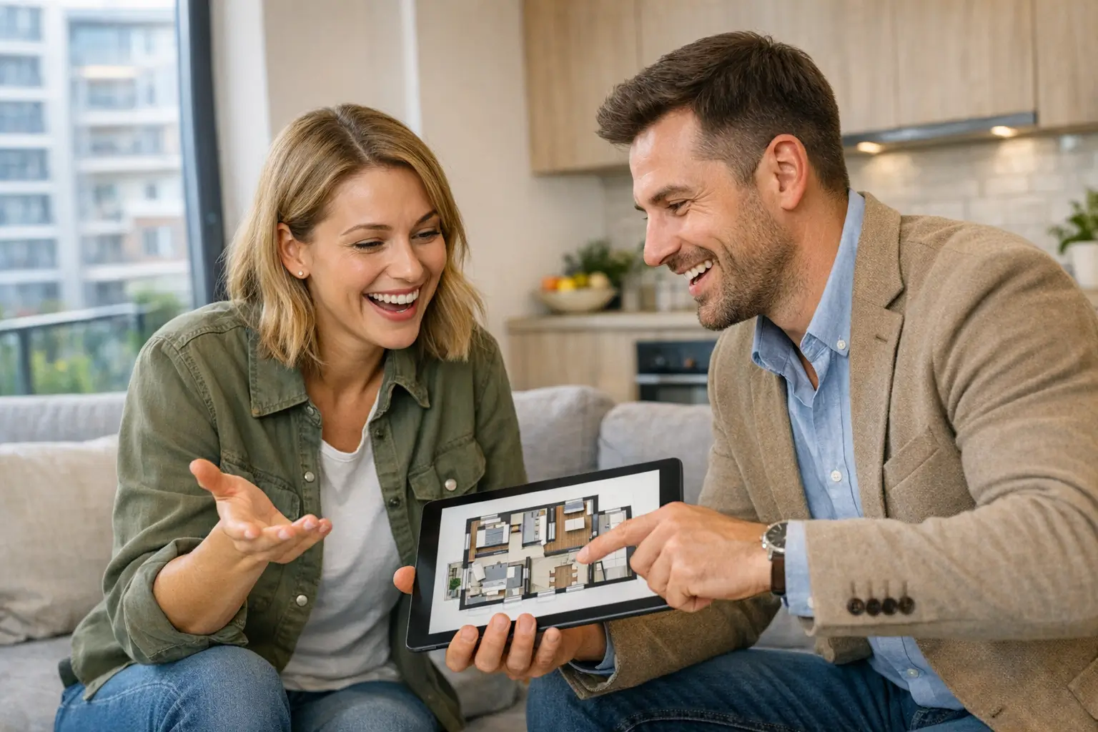 Client and real estate agent discussing apartment layout on tablet
