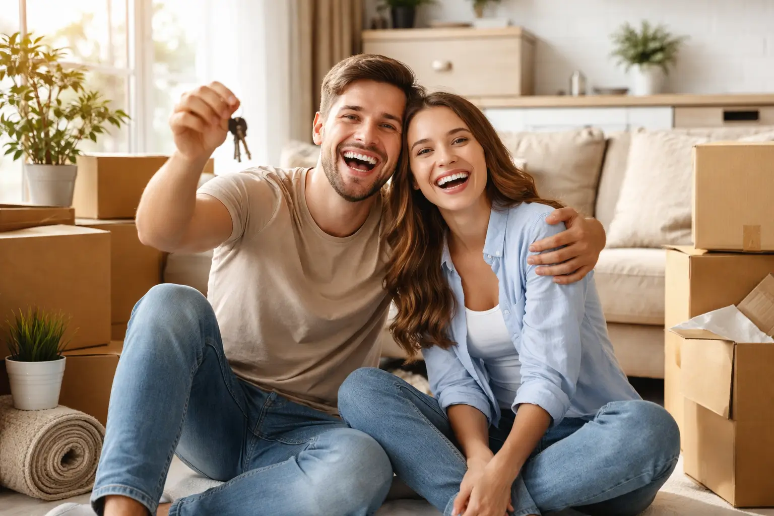 Young couple sitting on floor in empty apartment during move-in