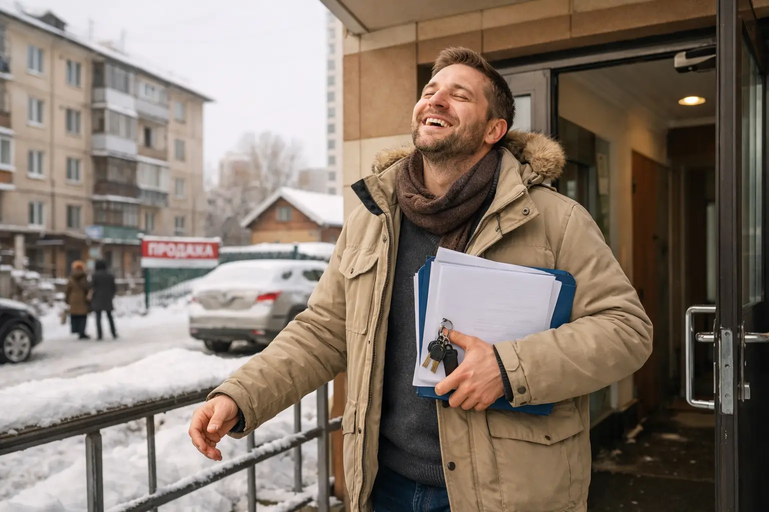 Man leaving apartment building with documents after real estate deal