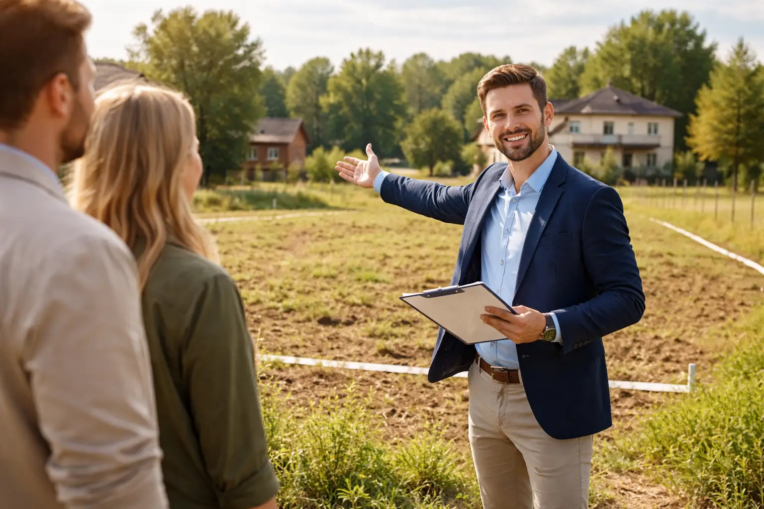 Real estate agent showing land plot boundaries to client outdoors