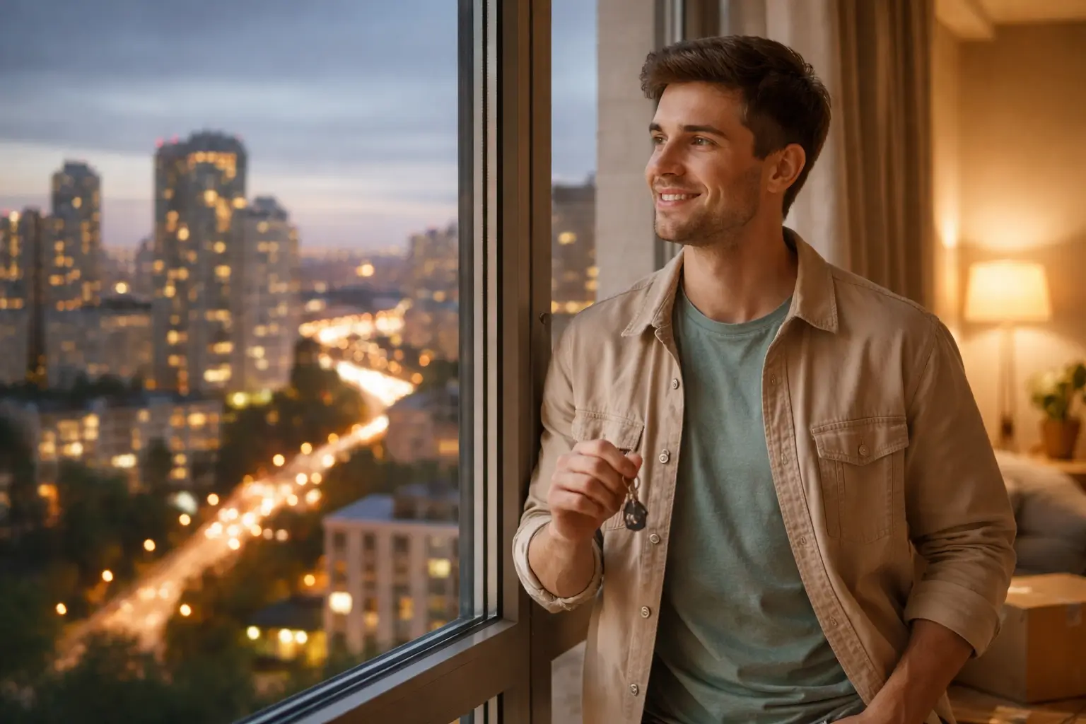 Man looking at city lights from apartment window in evening
