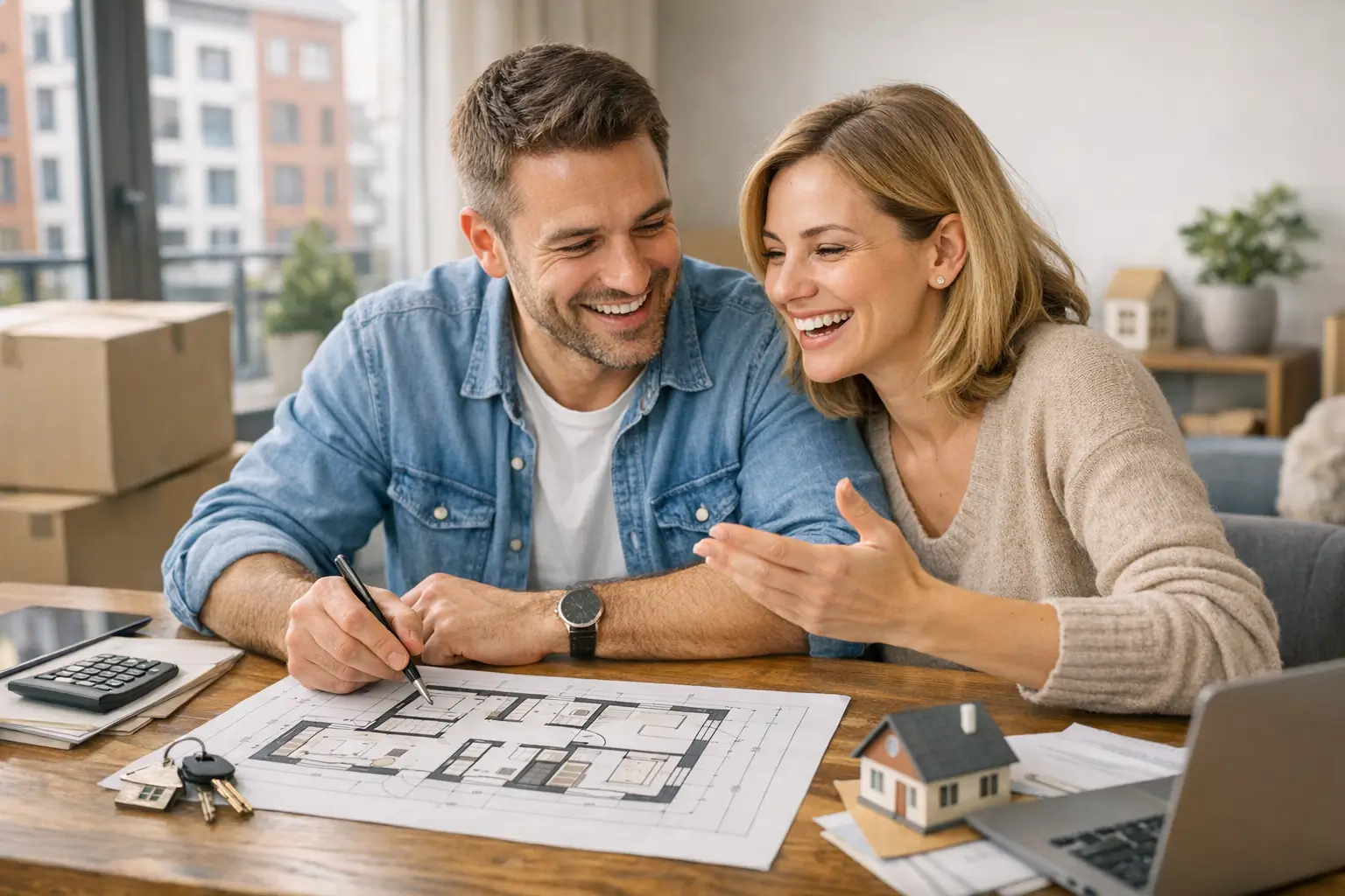 Couple planning house purchase together at table with floor plan
