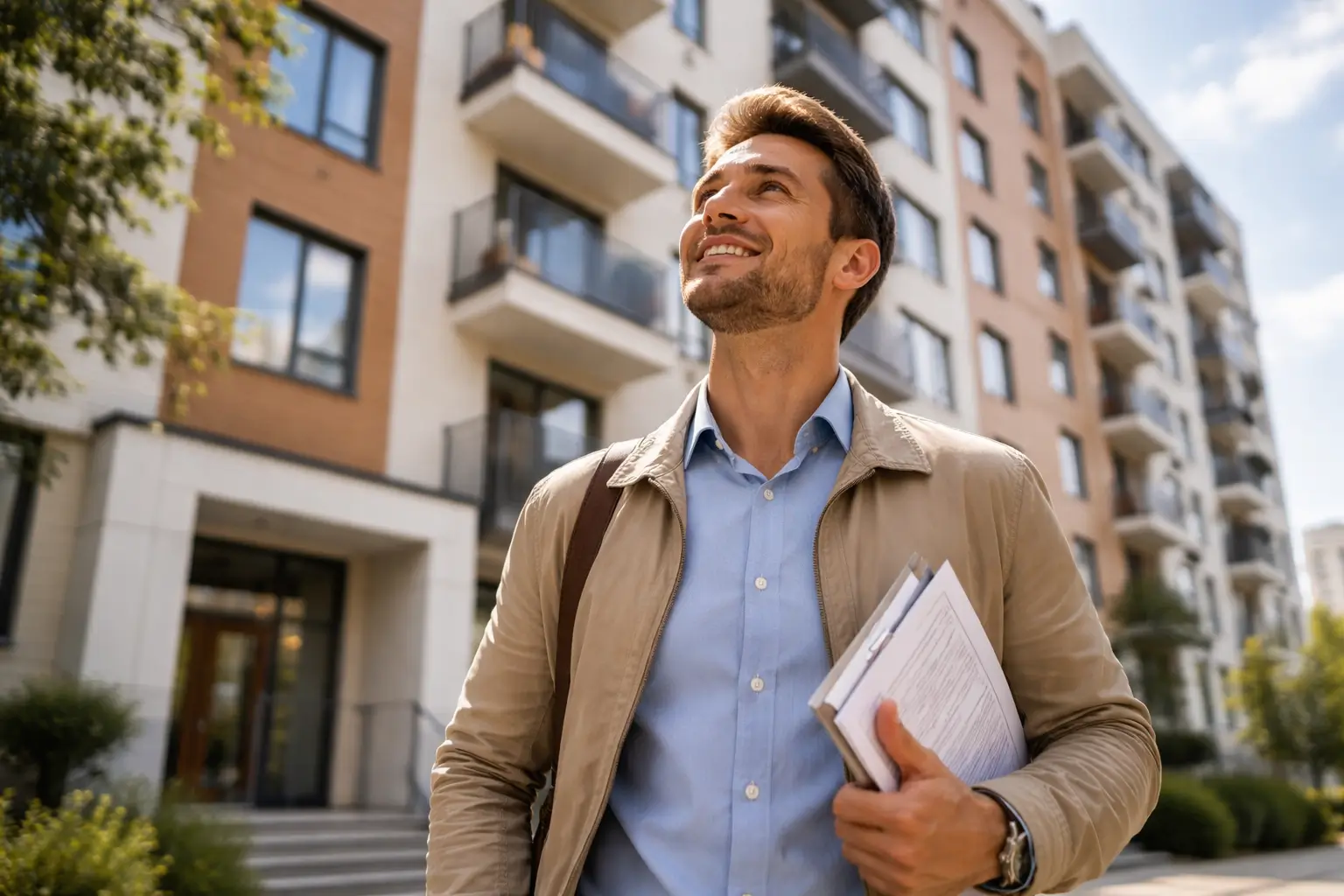 Man looking up at apartment building facade with confident expression