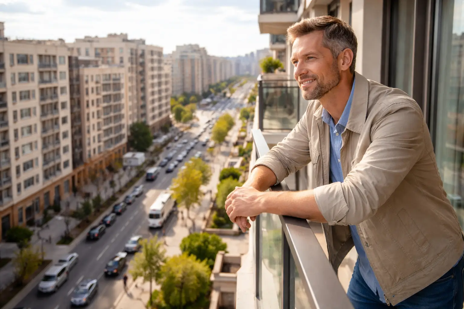 Man standing on apartment balcony looking at city with confident expression