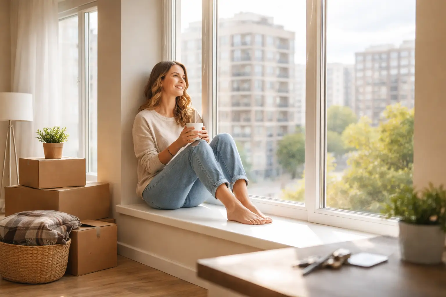 Woman sitting on window sill in empty apartment feeling calm happiness