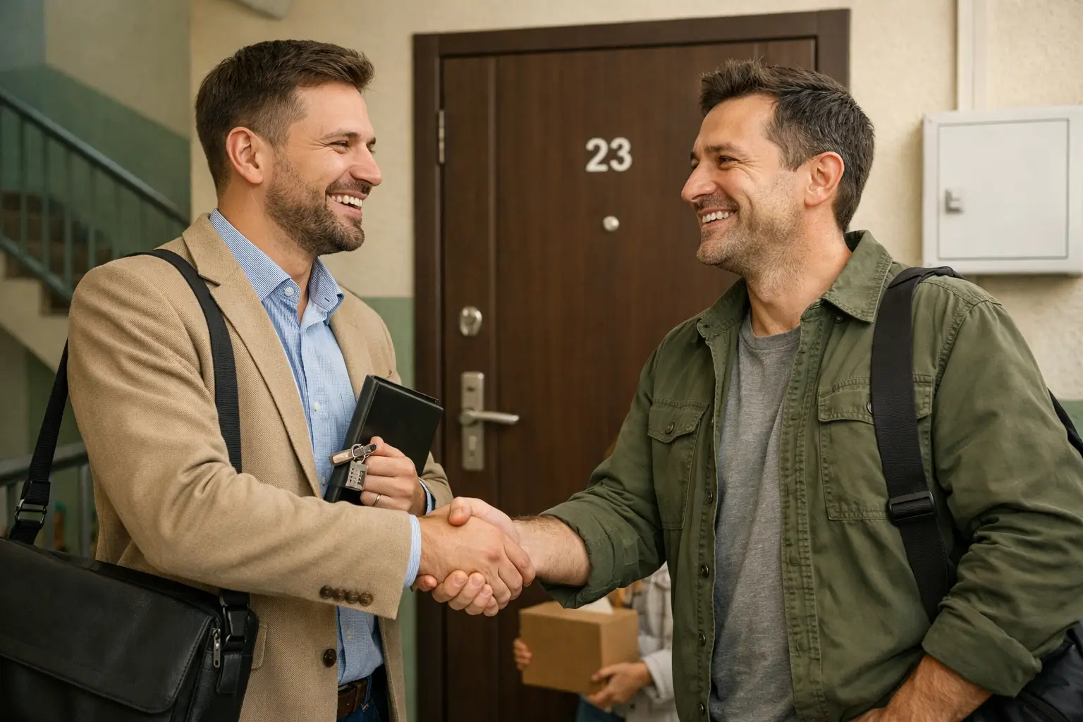 Real estate agent and client shaking hands in apartment building hallway