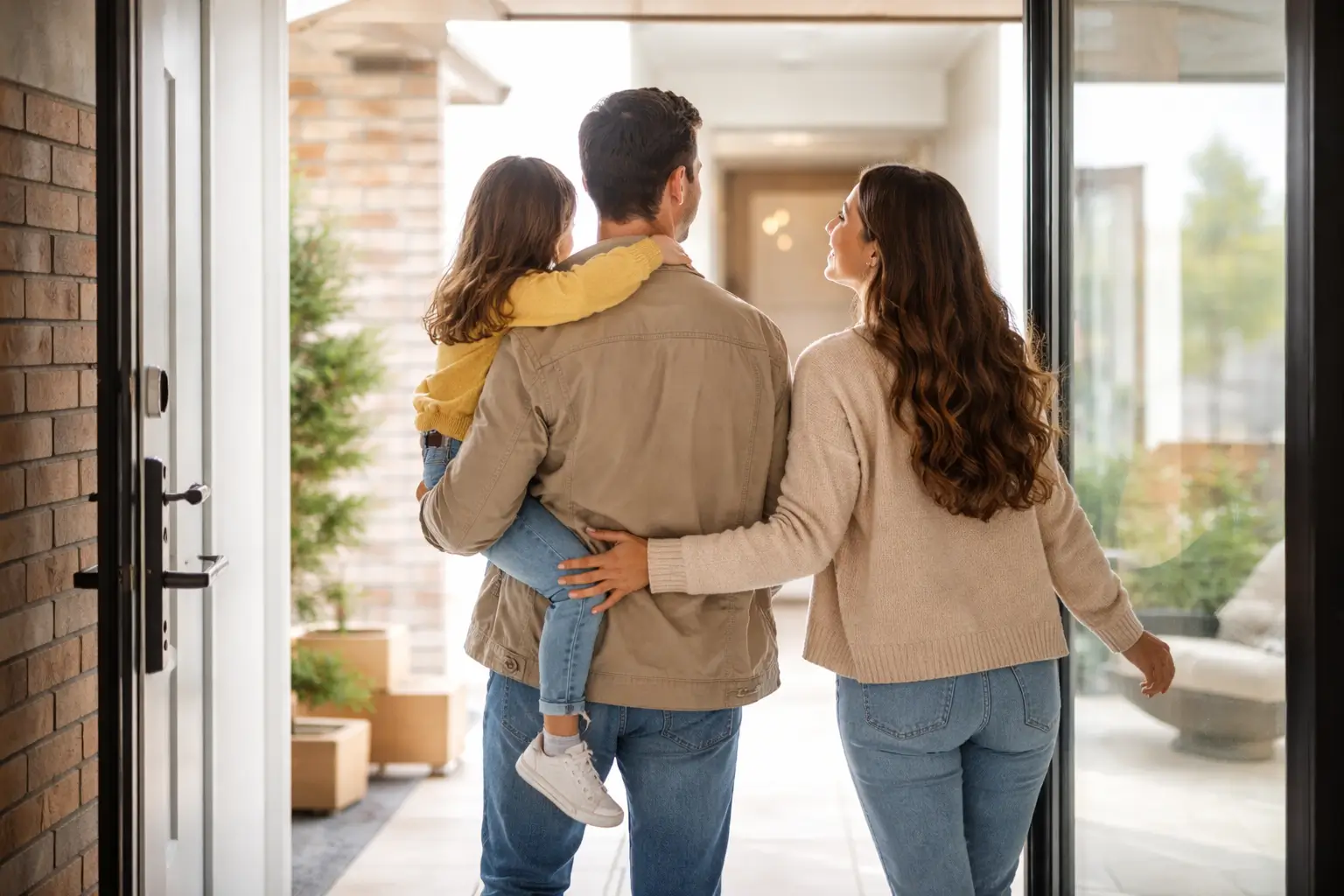 Family entering new house together showing excitement and anticipation