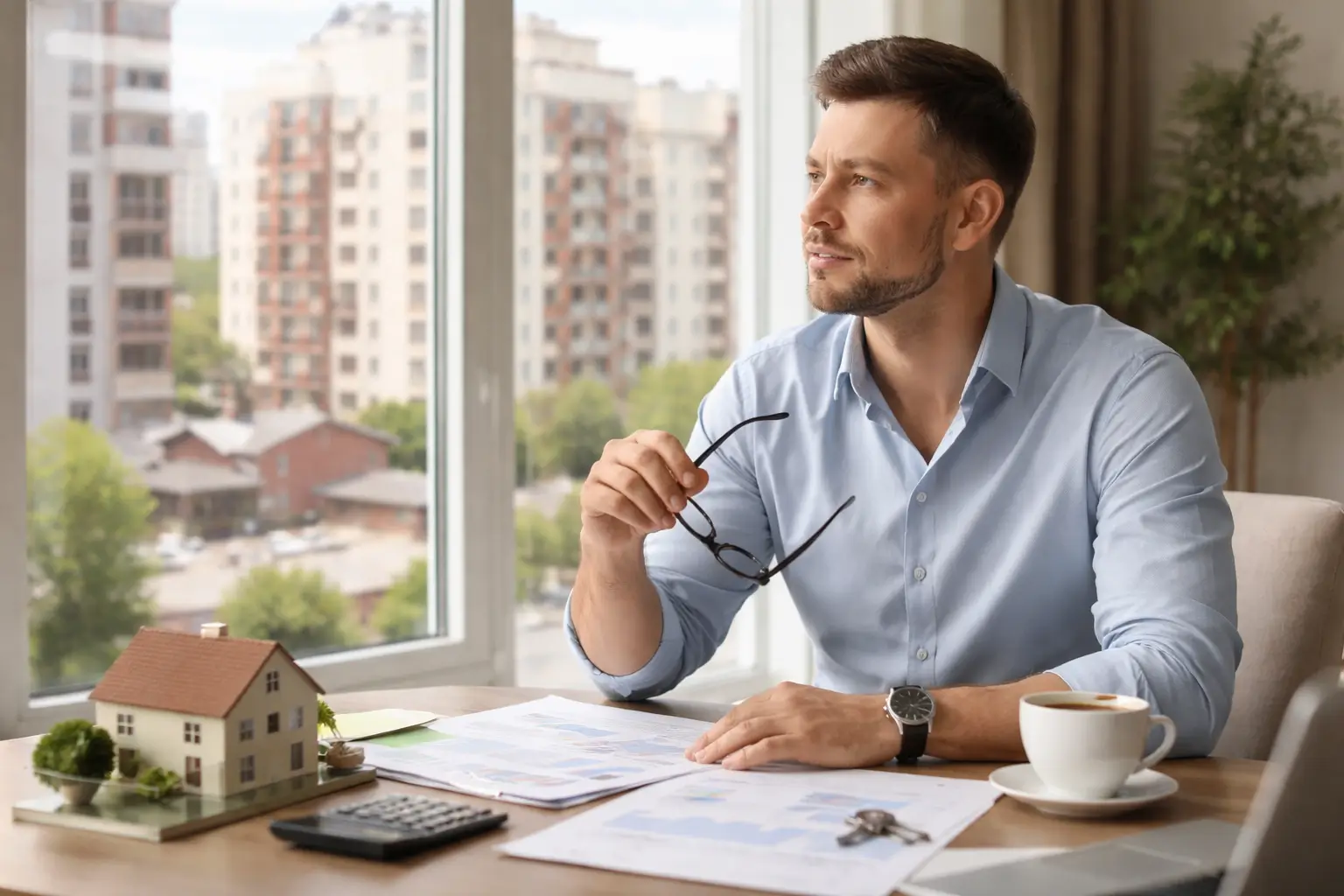 Real estate investor reviewing documents in office with focused expression