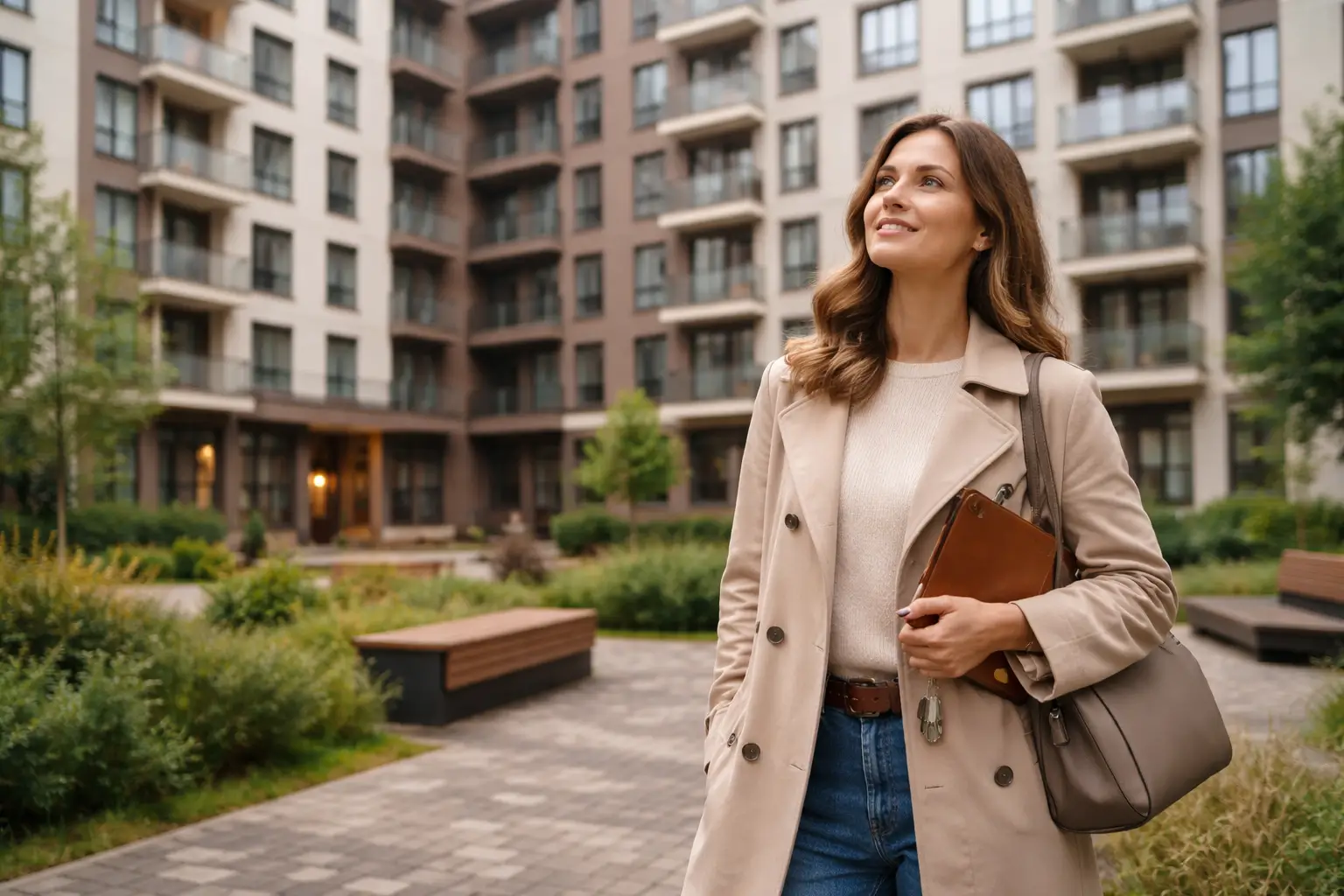 Woman examining residential building courtyard with confident look