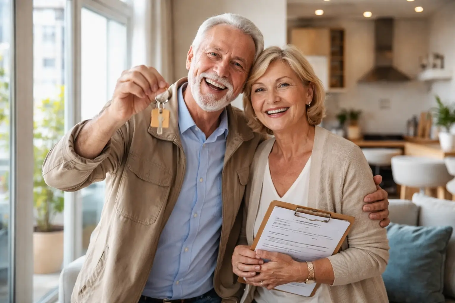 Senior couple sitting together in living room feeling comfort and stability